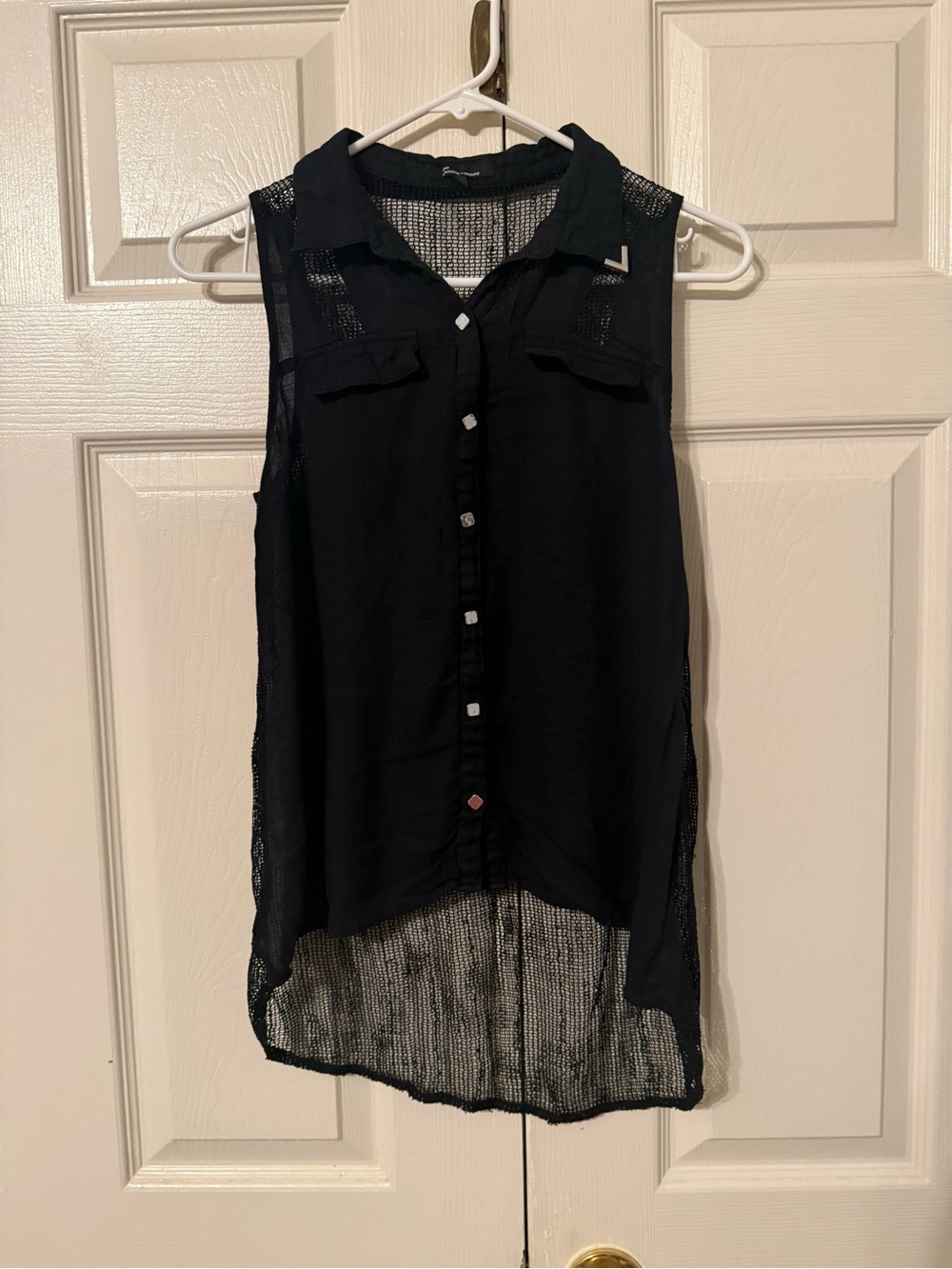 the clothing company Black Sleeveless Sheer-Panel Button Blouse